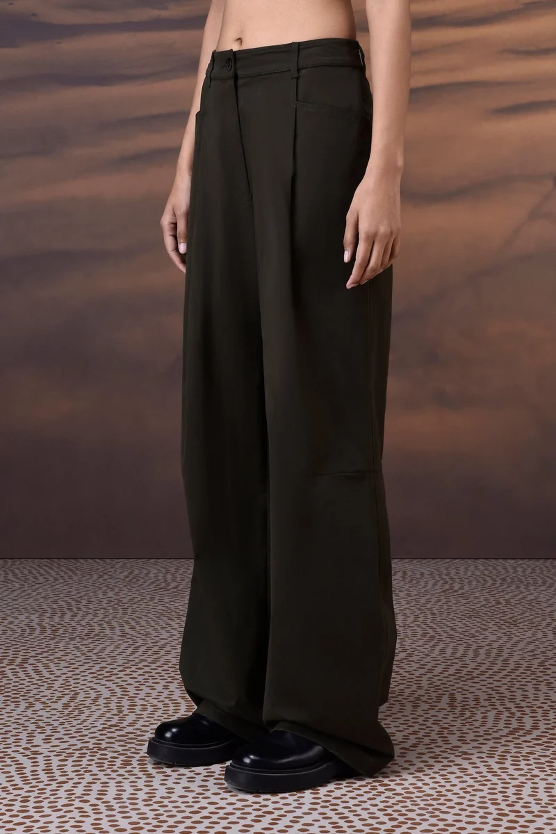 Genes Lecoanet Hemant Military Green Cotton Twill Wide-Leg Trousers